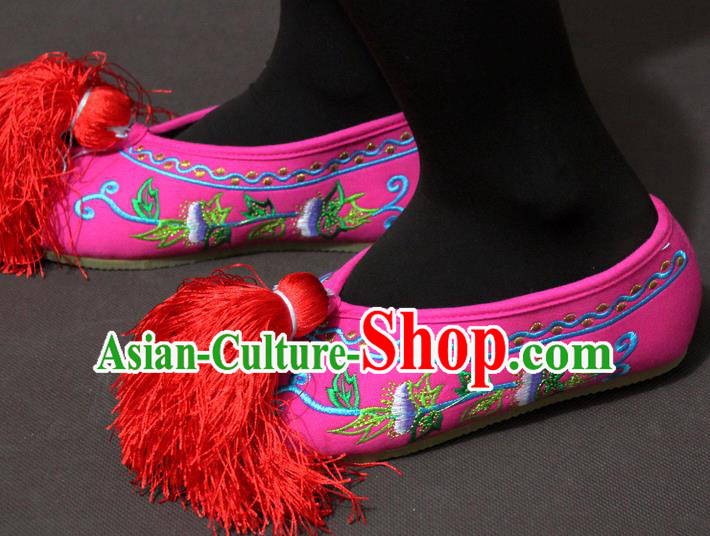 Traditional China Beijing Opera Actress Embroidery Pink Shoes, Chinese Peking Opera Diva Blood Stained Shoes