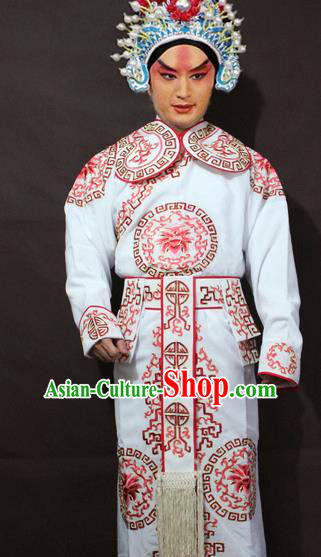 Traditional China Beijing Opera Takefu Embroidery White Costume, Chinese Peking Opera Soldiers Embroidered Clothing