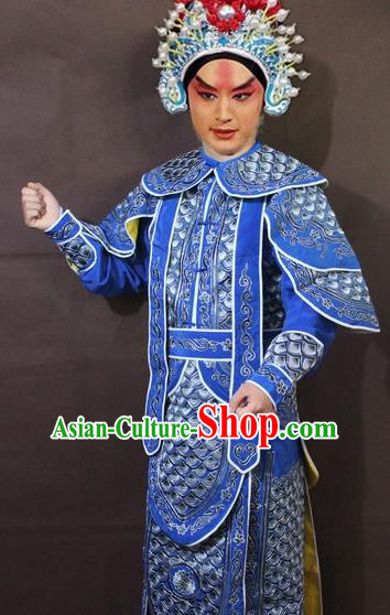 Traditional China Beijing Opera Takefu Embroidered Blue Costume, Chinese Peking Opera Warrior Clothing