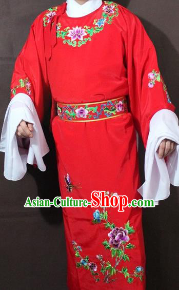 Traditional China Beijing Opera Niche Costume Red Embroidered Robe, Chinese Peking Opera Gifted Scholar Clothing