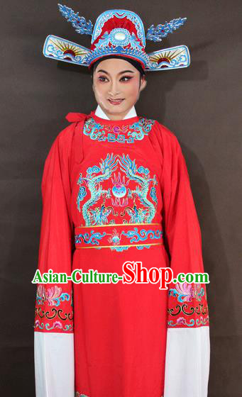 Traditional China Beijing Opera Niche Embroidery Costume, Chinese Peking Opera Lang Scholar Red Embroidered Robe Clothing