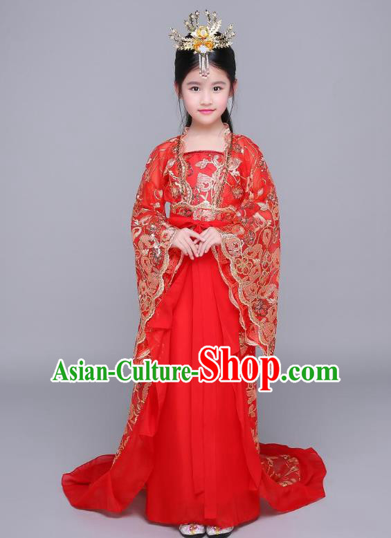 Traditional Chinese Ancient Children Fairy Hanfu Clothing, China Tang Dynasty Palace Princess Costume Trailing Dress for Kids