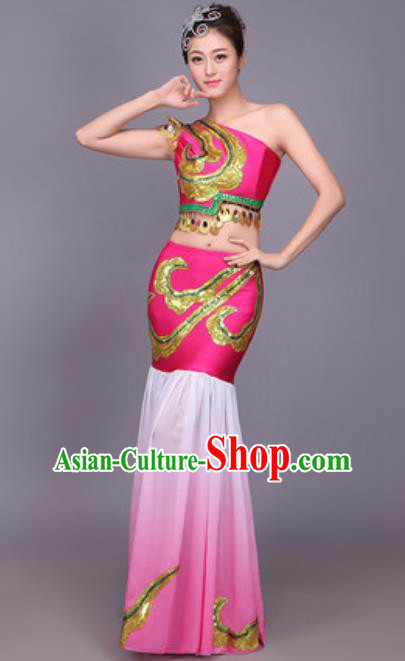 Chinese Traditional Dai Nationality Peacock Dance Costume Pavane Rosy Dress for Women