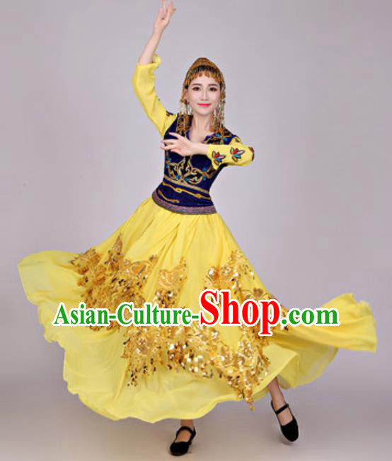 Chinese Traditional Uyghur Nationality Folk Dance Costume Uigurian Minority Yellow Dress for Women