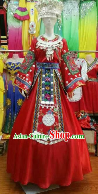 Chinese Traditional Miao Nationality Wedding Red Costume Hmong Folk Dance Ethnic Clothing for Women