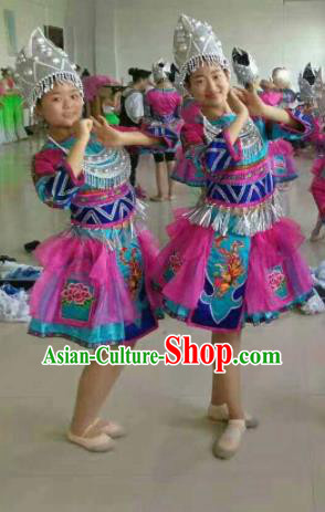 Chinese Traditional Miao Nationality Rosy Costume Hmong Folk Dance Ethnic Clothing for Kids