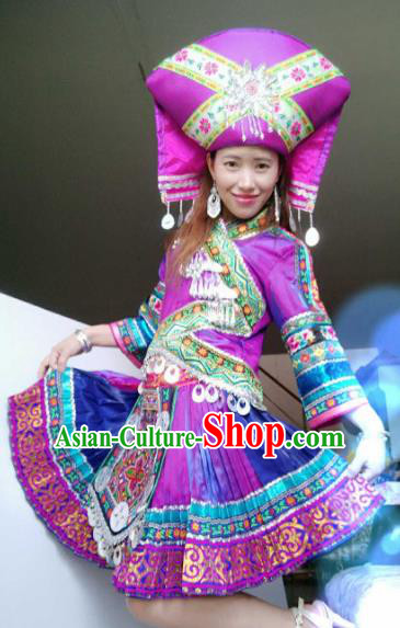 Chinese Traditional Zhuang Nationality Costume Folk Dance Ethnic Purple Dress for Women