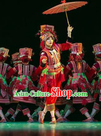 Chinese Traditional Yi Nationality Bride Costume Folk Dance Ethnic Red Clothing for Women