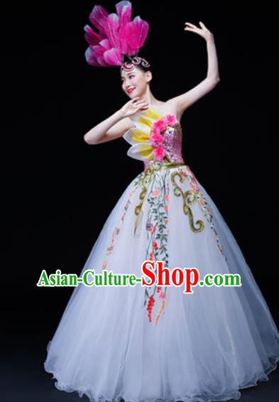 Professional Opening Dance Costume Stage Performance Modern Dance White Veil Dress for Women