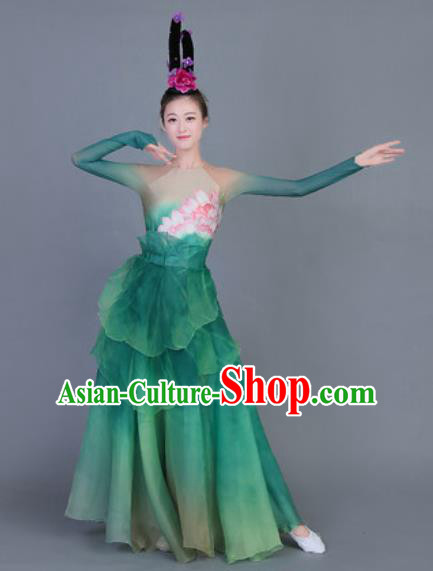 Chinese Traditional Classical Dance Costume Folk Dance Lotus Dance Green Dress for Women