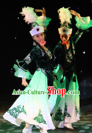 Chinese Traditional Kazak Nationality Costume Uigurian Folk Dance Ethnic Green Dress for Women