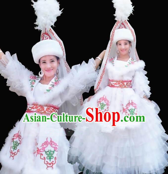 Chinese Traditional Kazak Nationality Wedding Costume Folk Dance Ethnic White Dress for Women