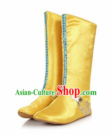 Chinese Traditional Mongol Nationality Shoes Mongolian Folk Dance Golden Boots for Women