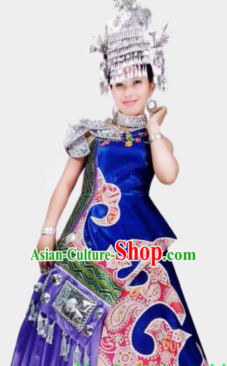 Chinese Traditional Yi Nationality Wedding Costume Folk Dance Ethnic Blue Dress for Women