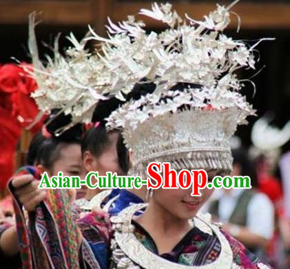 Chinese Traditional Miao Nationality Bride Hat Hmong Headwear for Women