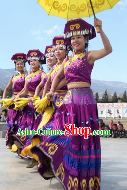 Chinese Traditional Yi Nationality Costume Folk Dance Dress Ethnic Purple Clothing for Women