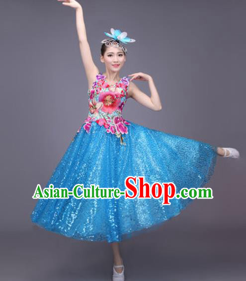 Professional Modern Dance Blue Bubble Dress Opening Dance Stage Performance Chorus Costume for Women