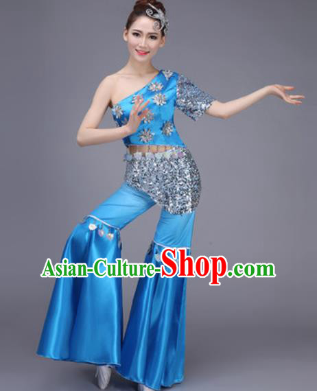 Chinese Classical Dance Costume Traditional Folk Dance Yangko Blue Clothing for Women