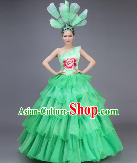 Professional Modern Dance Dress Opening Dance Stage Performance Chorus Green Flowers Costume for Women