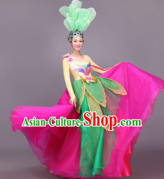 Chinese Traditional Classical Dance Costume Folk Dance Lotus Dance Rosy Dress for Women