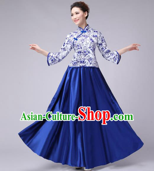 Chinese Classical Dance Fan Dance Costume Traditional Folk Dance Chorus Royalblue Dress for Women