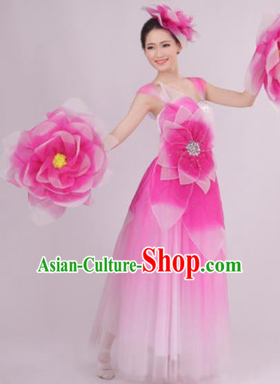 Top Grade Chorus Costume Modern Dance Stage Performance Pink Peony Dress for Women