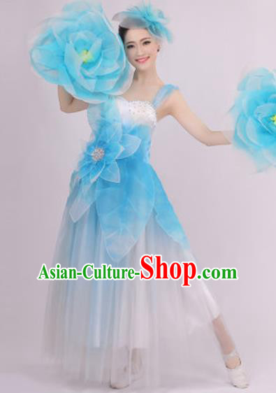 Top Grade Chorus Costume Modern Dance Stage Performance Blue Peony Dress for Women