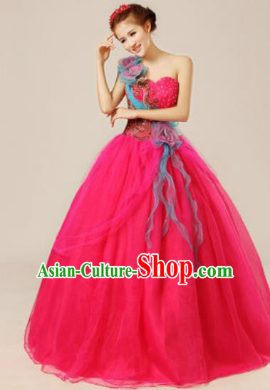 Top Grade Chorus Compere Rosy Veil Costume Modern Dance Ballroom Waltz Stage Performance Dress for Women