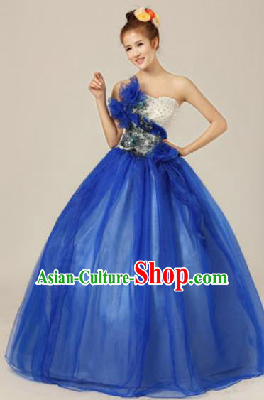 Top Grade Chorus Compere Blue Veil Costume Modern Dance Ballroom Waltz Stage Performance Dress for Women