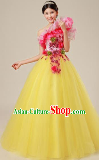Top Grade Waltz Dance Compere Costume Modern Dance Stage Performance Yellow Dress for Women