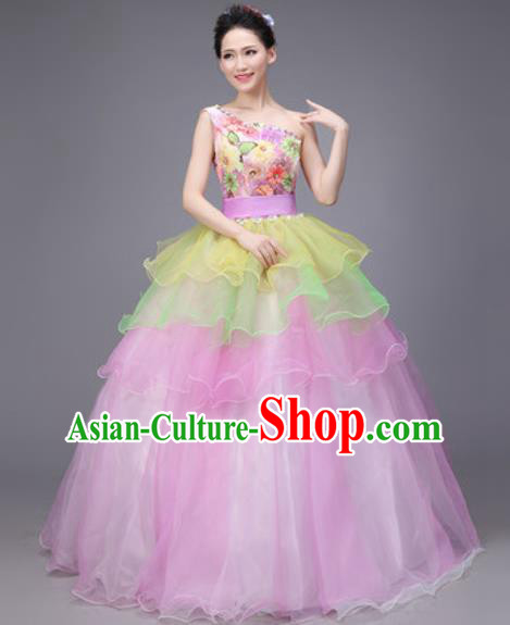 Professional Modern Dance Compere Pink Veil Dress Opening Dance Stage Performance Costume for Women