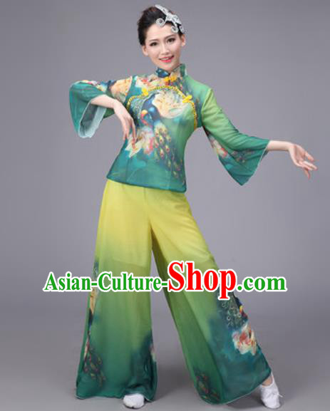 Chinese Classical Dance Costume Traditional Folk Dance Yanko Printing Green Clothing for Women