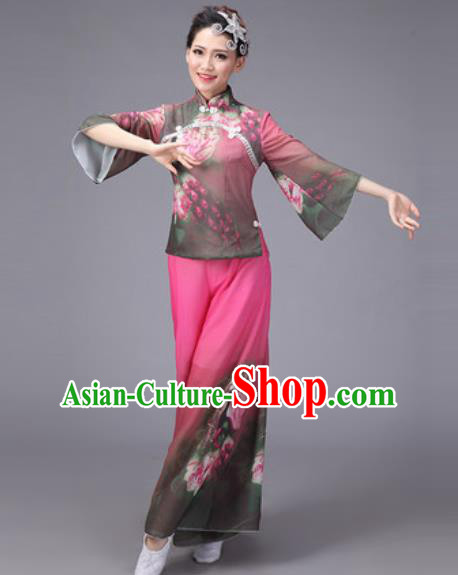 Chinese Classical Dance Costume Traditional Folk Dance Yanko Printing Pink Clothing for Women