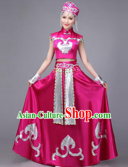 Chinese Traditional Mongol Nationality Dance Costume Mongolian Folk Dance Ethnic Rosy Dress for Women