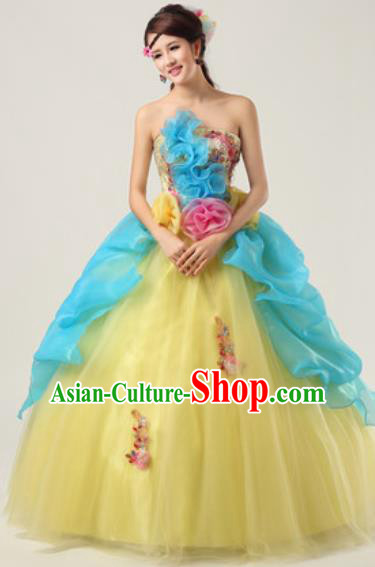 Top Grade Waltz Dance Compere Yellow Costume Modern Dance Stage Performance Dress for Women