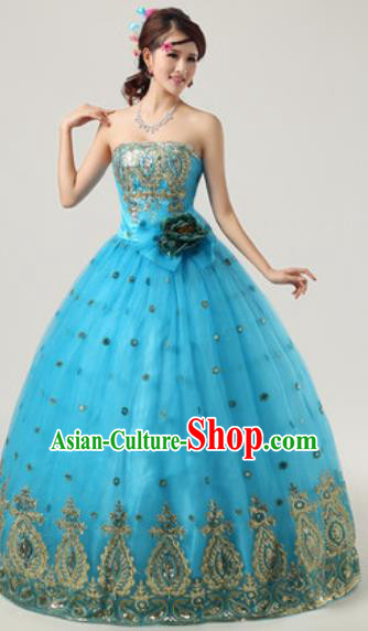 Top Grade Compere Costume Waltz Dance Modern Dance Stage Performance Blue Dress for Women