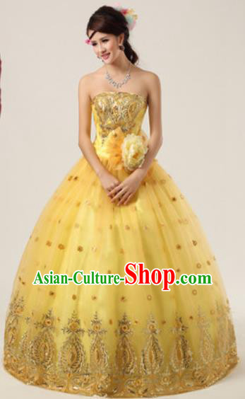 Top Grade Compere Costume Waltz Dance Modern Dance Stage Performance Yellow Dress for Women