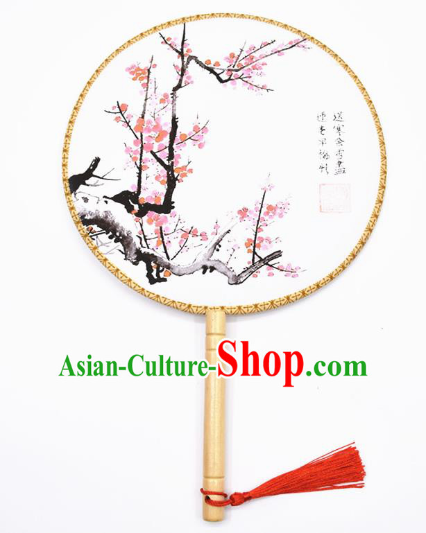 Chinese Ancient Palace Fans Handmade Ink Painting Red Plum Blossom Round Fans for Women