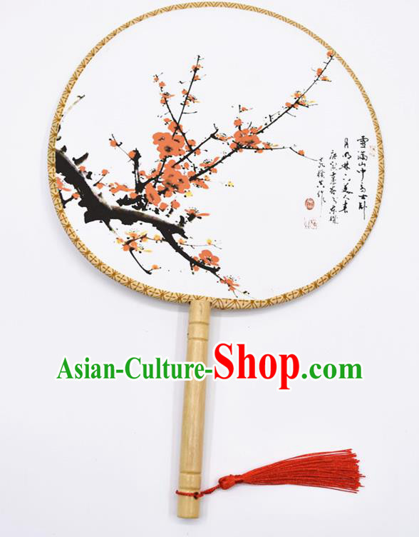 Chinese Ancient Palace Fans Handmade Ink Painting Red Plum Blossom Round Fans for Women