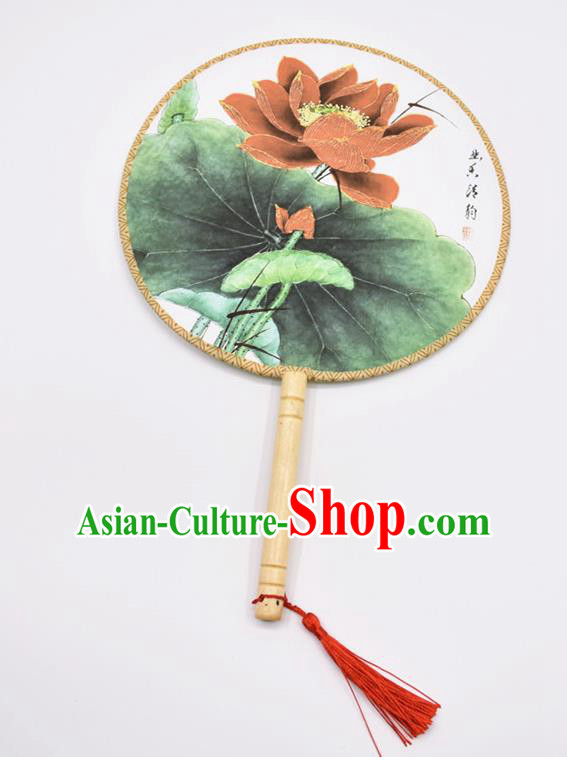 Chinese Ancient Palace Fans Handmade Traditional Printing Lotus Green Silk Round Fans for Women