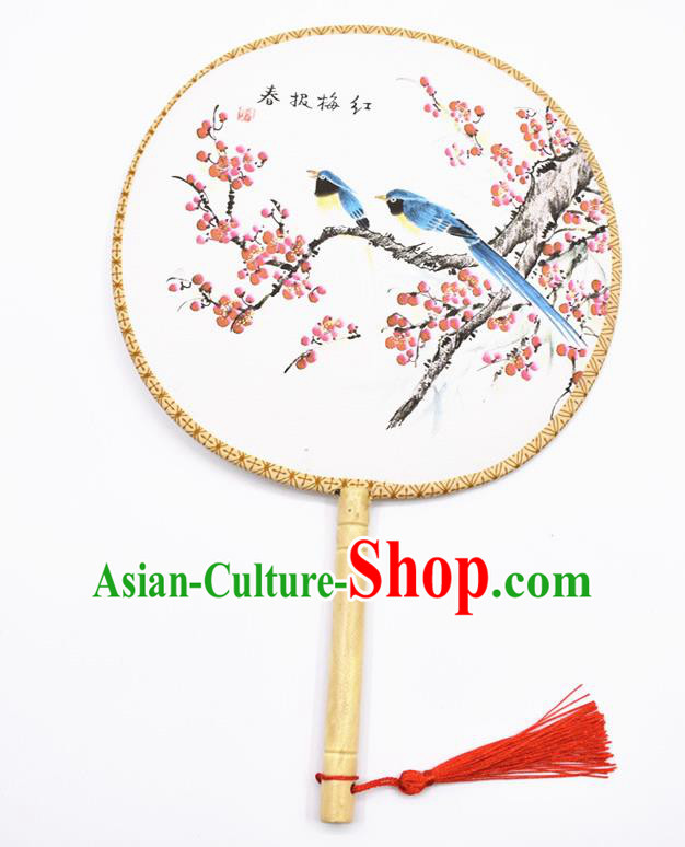 Chinese Ancient Palace Fans Handmade Traditional Printing Wintersweet Silk Round Fans for Women