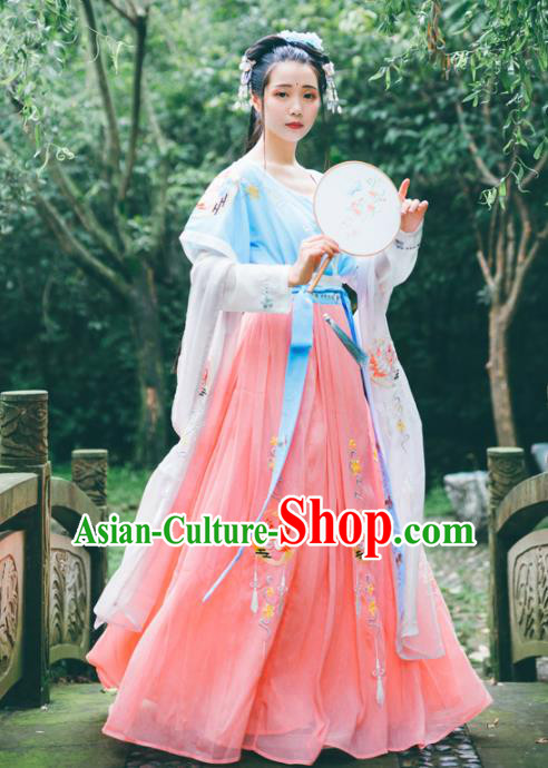 Chinese Ancient Young Lady Embroidered Costumes Tang Dynasty Hanfu Dress for Women