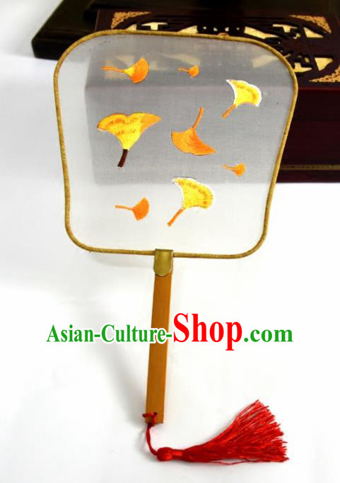Chinese Ancient Palm-leaf Fans Traditional Embroidered Ginkgo Leaf Palace Fans for Women