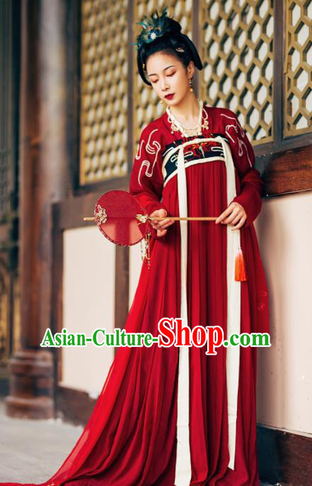 Chinese Ancient Maidenform Costumes Tang Dynasty Princess Embroidered Red Hanfu Dress for Women