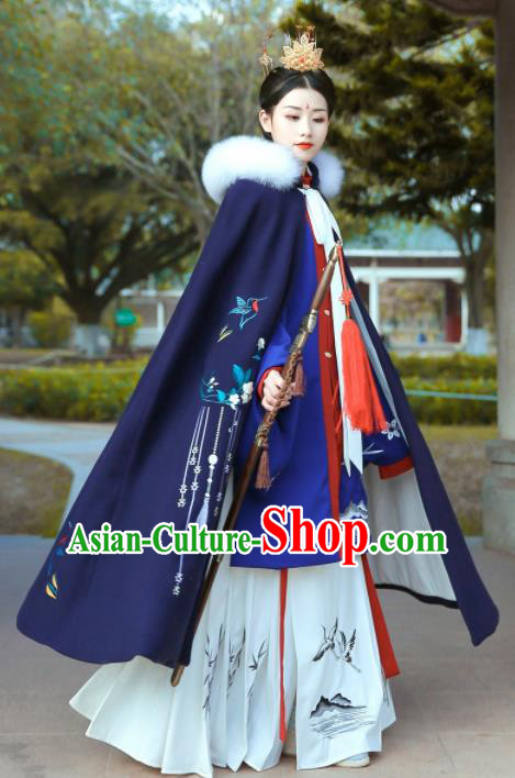 Chinese Ancient Ming Dynasty Princess Costumes Embroidered Blue Cloak for Women