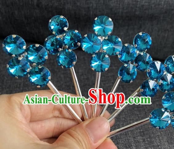 Chinese Traditional Peking Opera Diva Hair Accessories Ancient Princess Blue Crystal Hairpins for Women