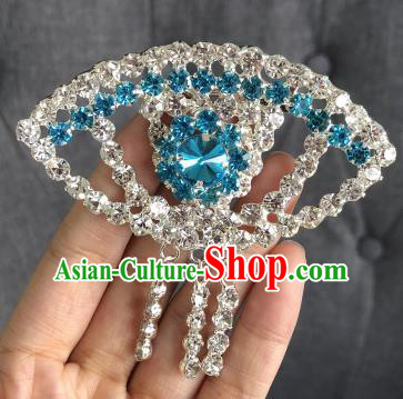 Chinese Traditional Peking Opera Diva Blue Crystal Fanshaped Brooch Jewelry Accessories Ancient Princess Breastpin for Women