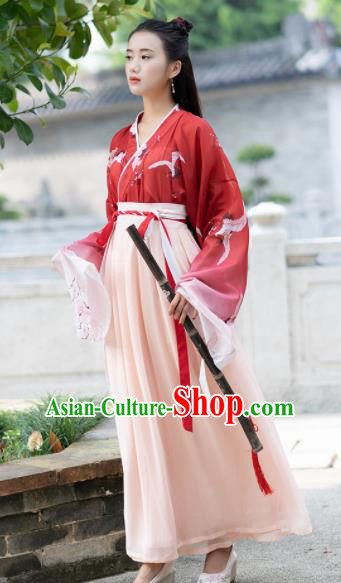 Chinese Ancient Jin Dynasty Swordswoman Embroidered Red Costumes for Women