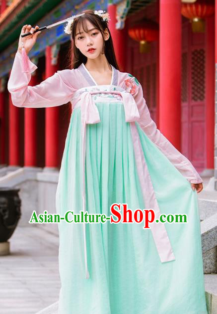 Chinese Ancient Tang Dynasty Nobility Lady Embroidered Costumes Green Hanfu Dress for Rich