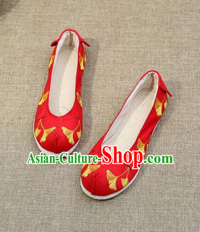 Chinese Ancient Traditional Embroidered Shoes Hanfu Embroidery Ginkgo Red Cloth Shoes for Women